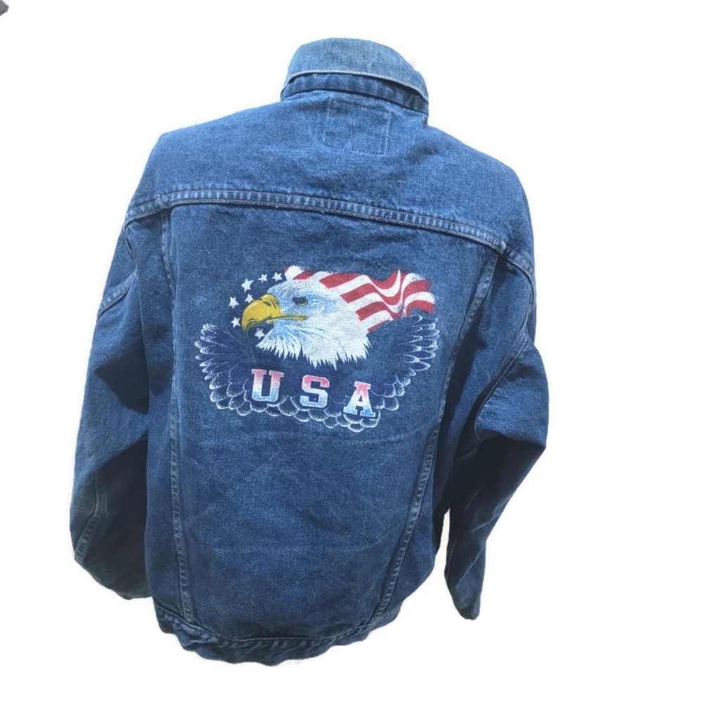 Vtg Big Smith Denim Trucker Jacket USA Eagle Flag Blue Cotton Pockets